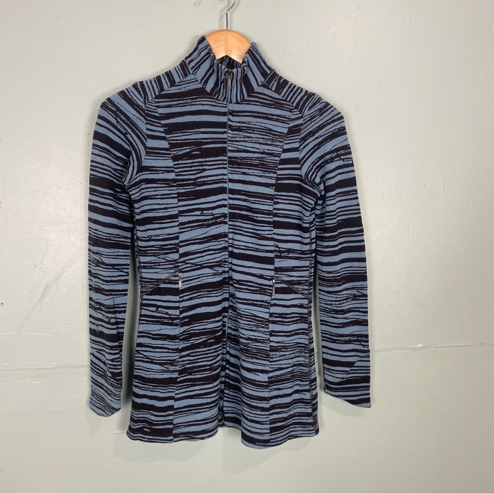 Ibex Juliet Zip Up Tunic Sweater Wool Black‎ Blue Striped XS